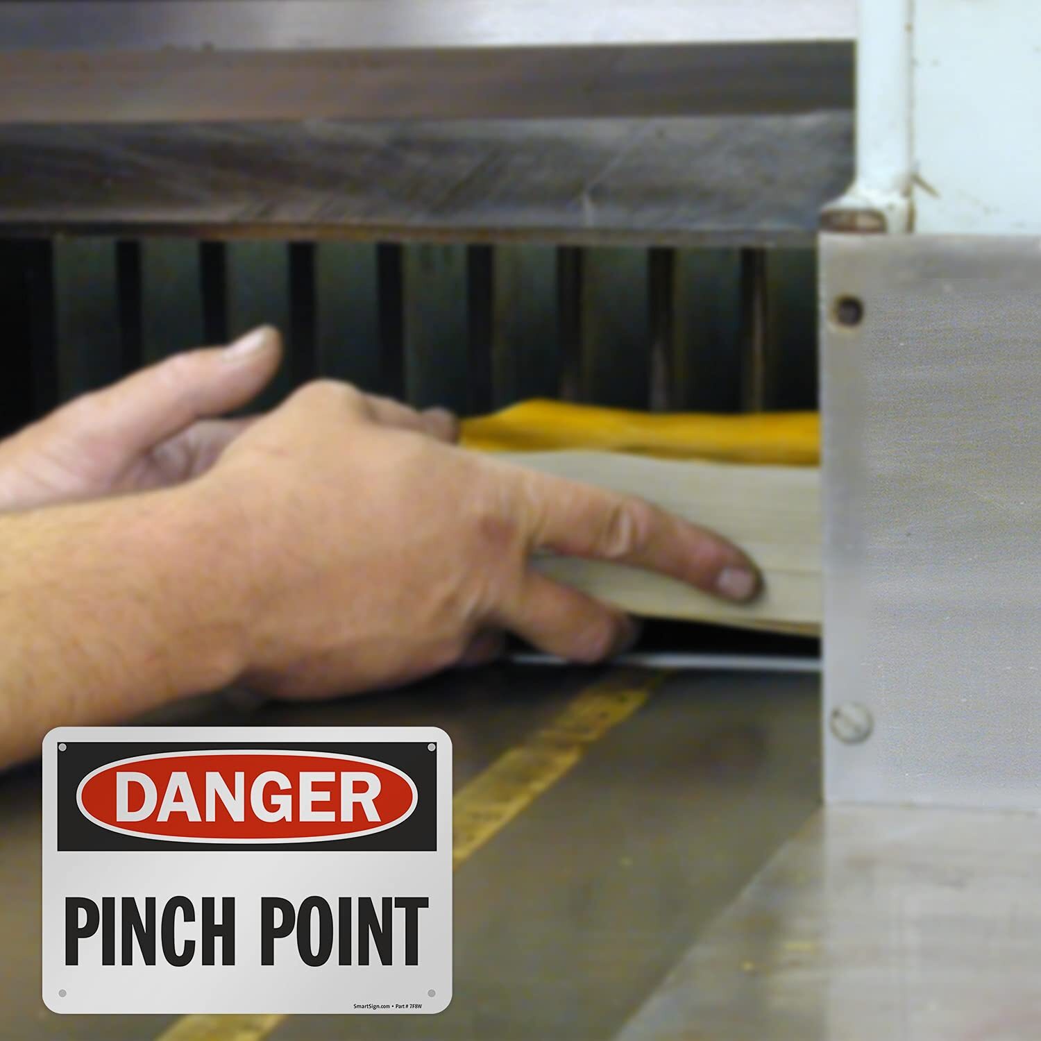 7×10 inch Danger Pinch Point OSHA Sign 55 mil HDPE Plastic Pre-Cleared Holes