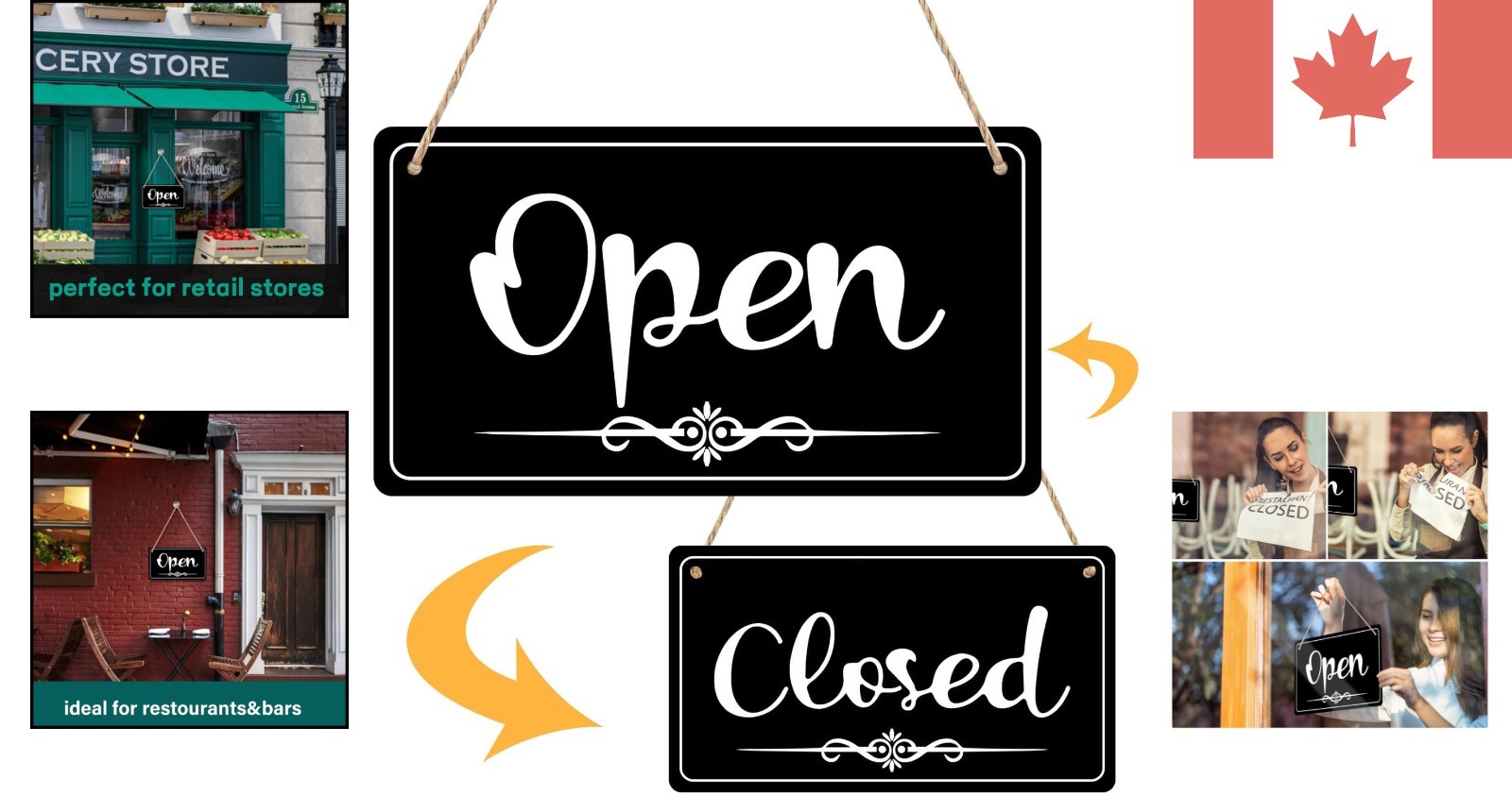 Elegant Double-Sided Open Closed Sign for Business Hours – 11×6.1 Inch Black