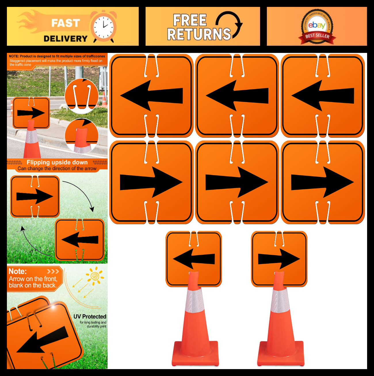 6 Pcs Reversible Traffic Arrow Signs 12.6&Prime;x10.4&Prime; Detour Warning Directional Cone
