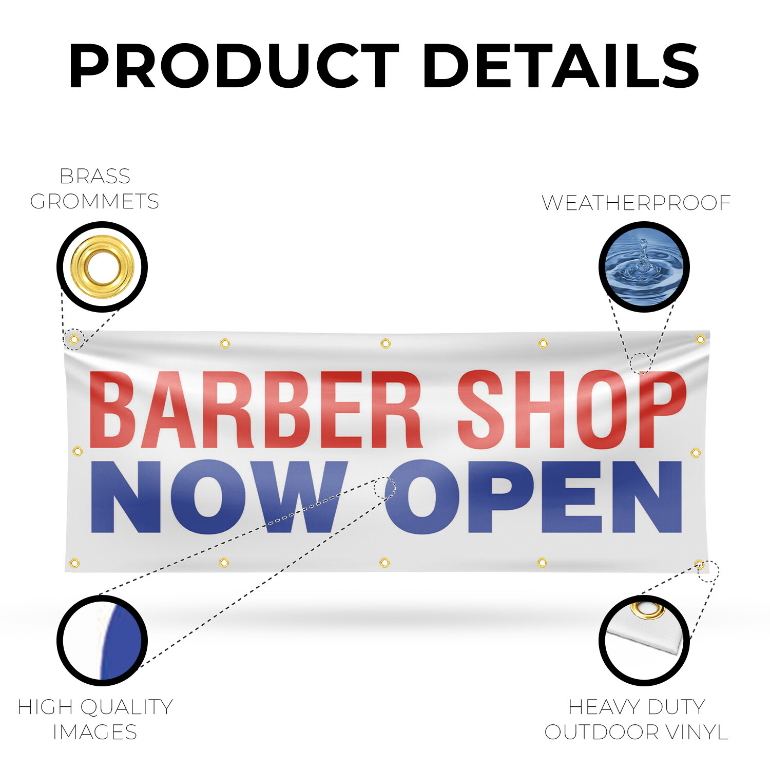Barber Shop Now Open Vinyl Banner Sign with Metal Grommets Heavy-Duty