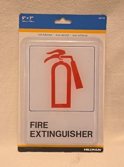 FIRE EXTINGUISHER 5&Prime; x 7&Prime; Hillman Plastic Self Stick Visual Sign. * NEW *