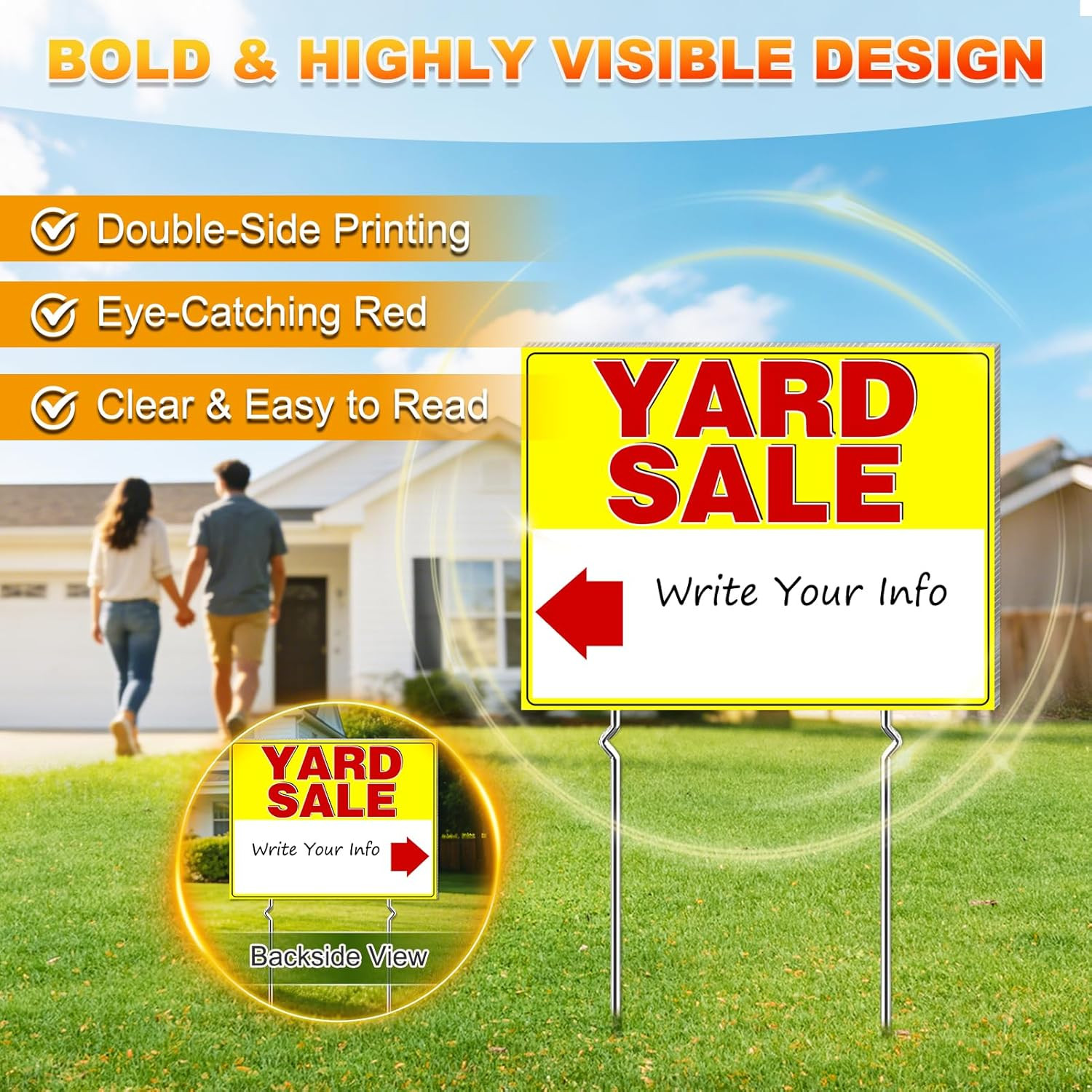 Cyrico Yard Sale Signs with Stakes, 3 Pack 17 x 13 Inch Double Sided Weatherproo