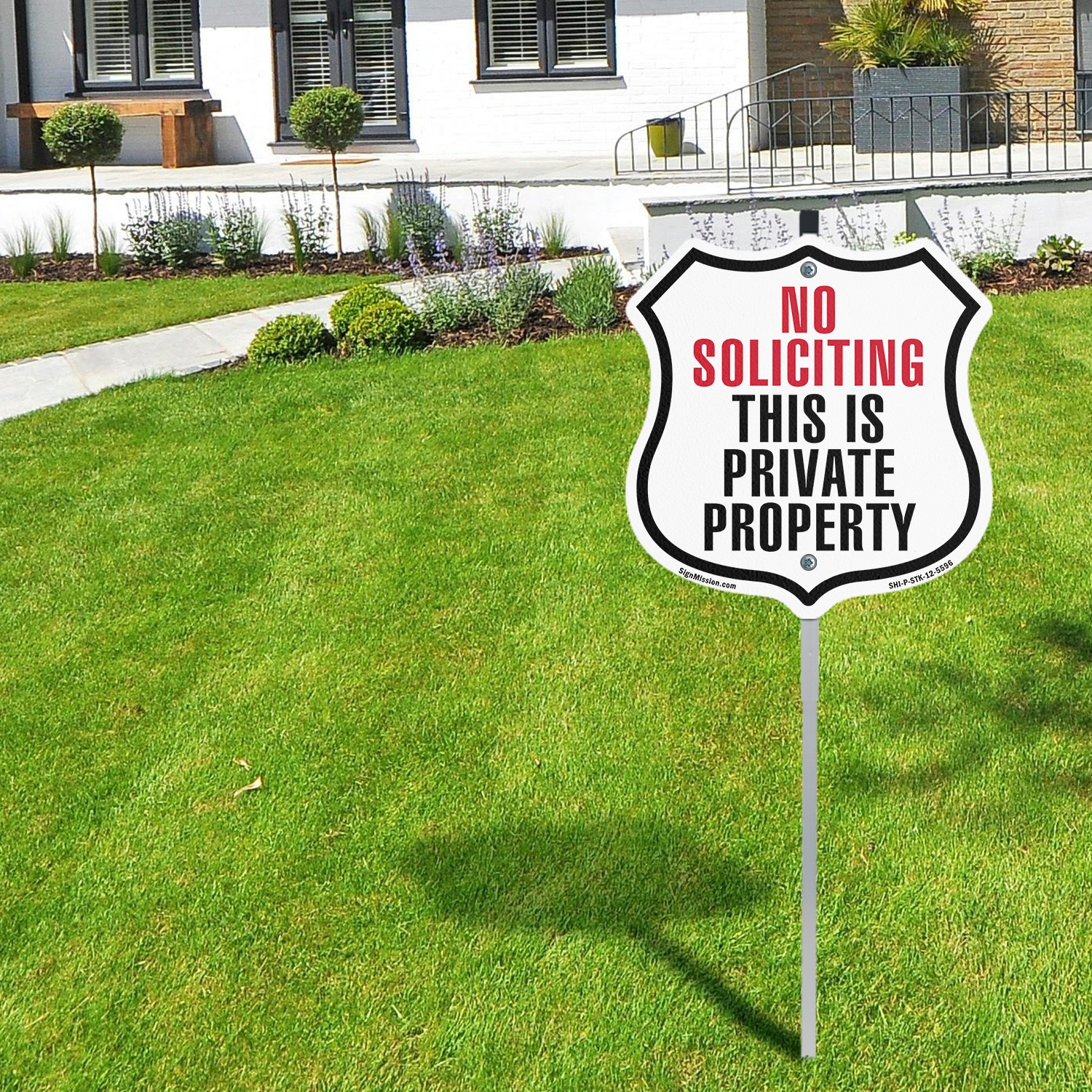 No Soliciting This Is Private Property Shield Shaped Sign With Stake
