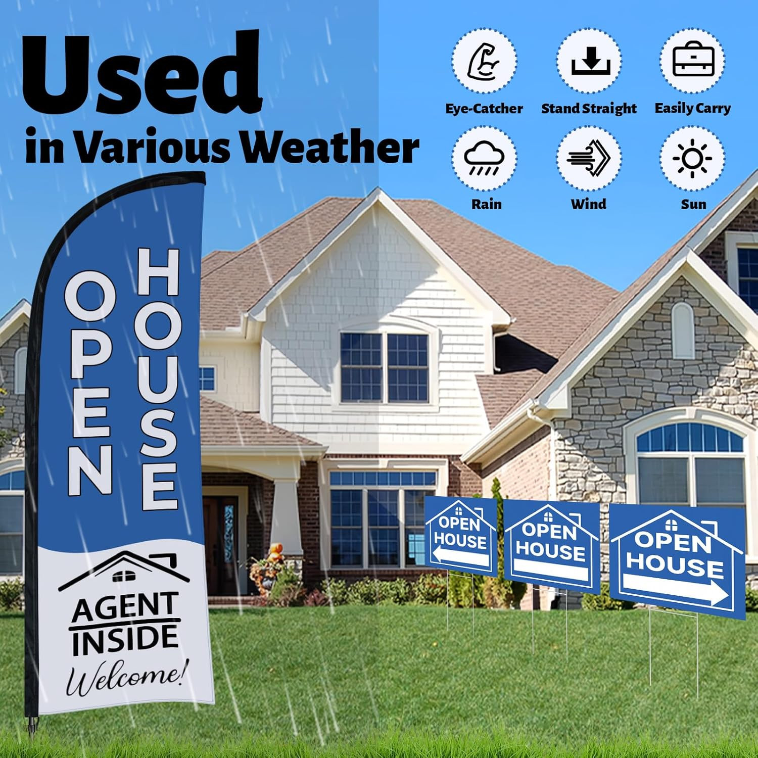 88 Pcs Open House Sign Kit with Flags, Arrows, Stakes & Balloons – Blue