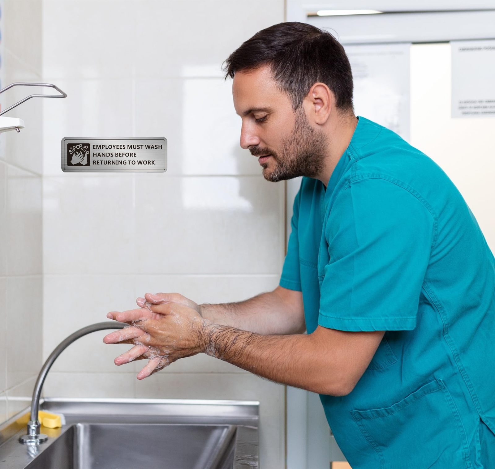 (4 Pack) Employees Must Wash Hands Sign Self-Adhesive Metal Signage for Bath