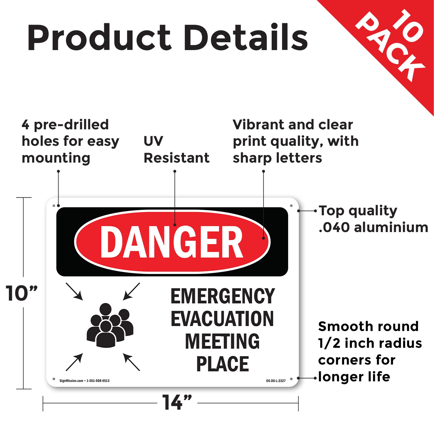 Emergency Evacuation Meeting Place OSHA Danger Sign Metal, Decal – 5 or 10 Pack