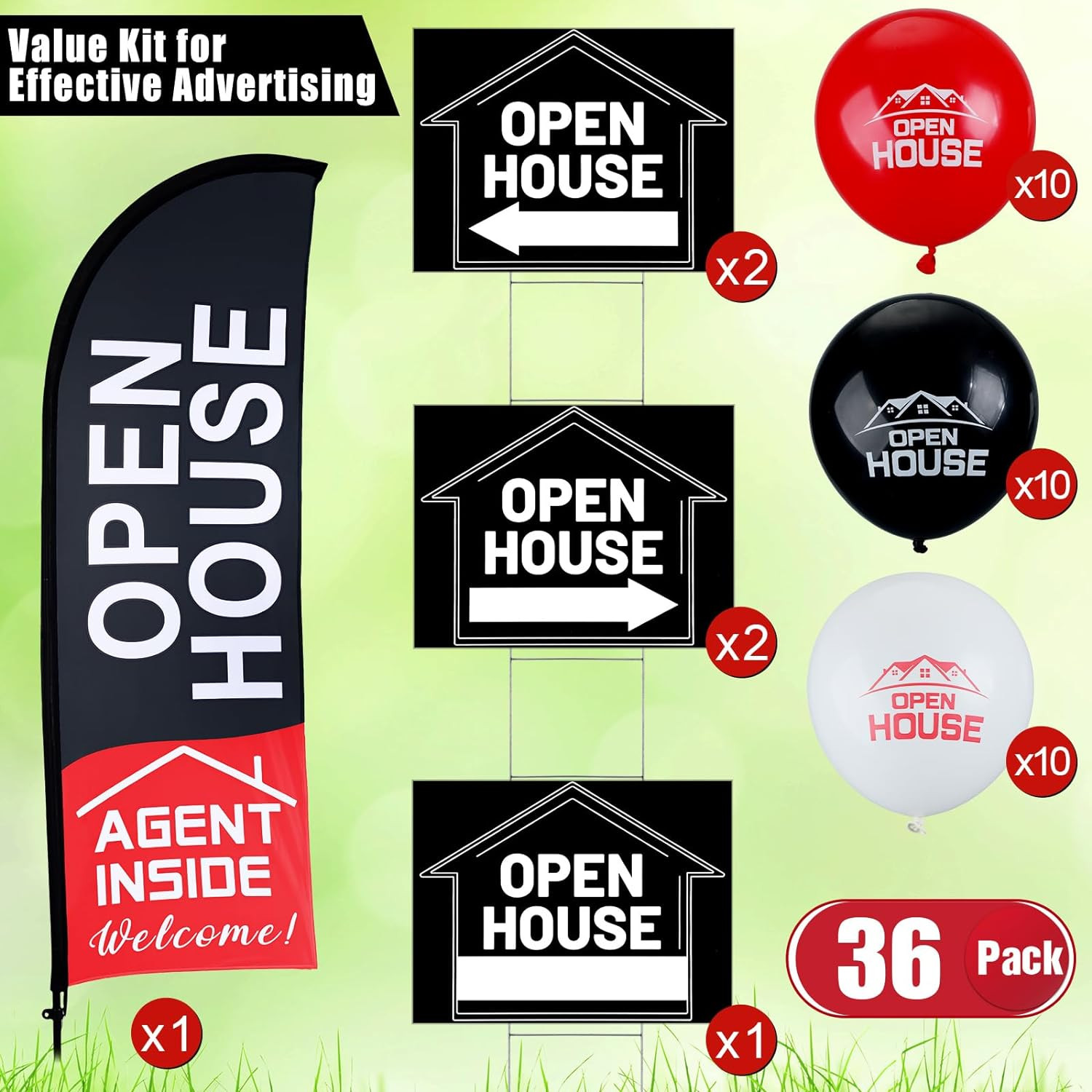 Open House Sign Set – 36 Pcs with Flags, Arrows, Balloons & Stakes