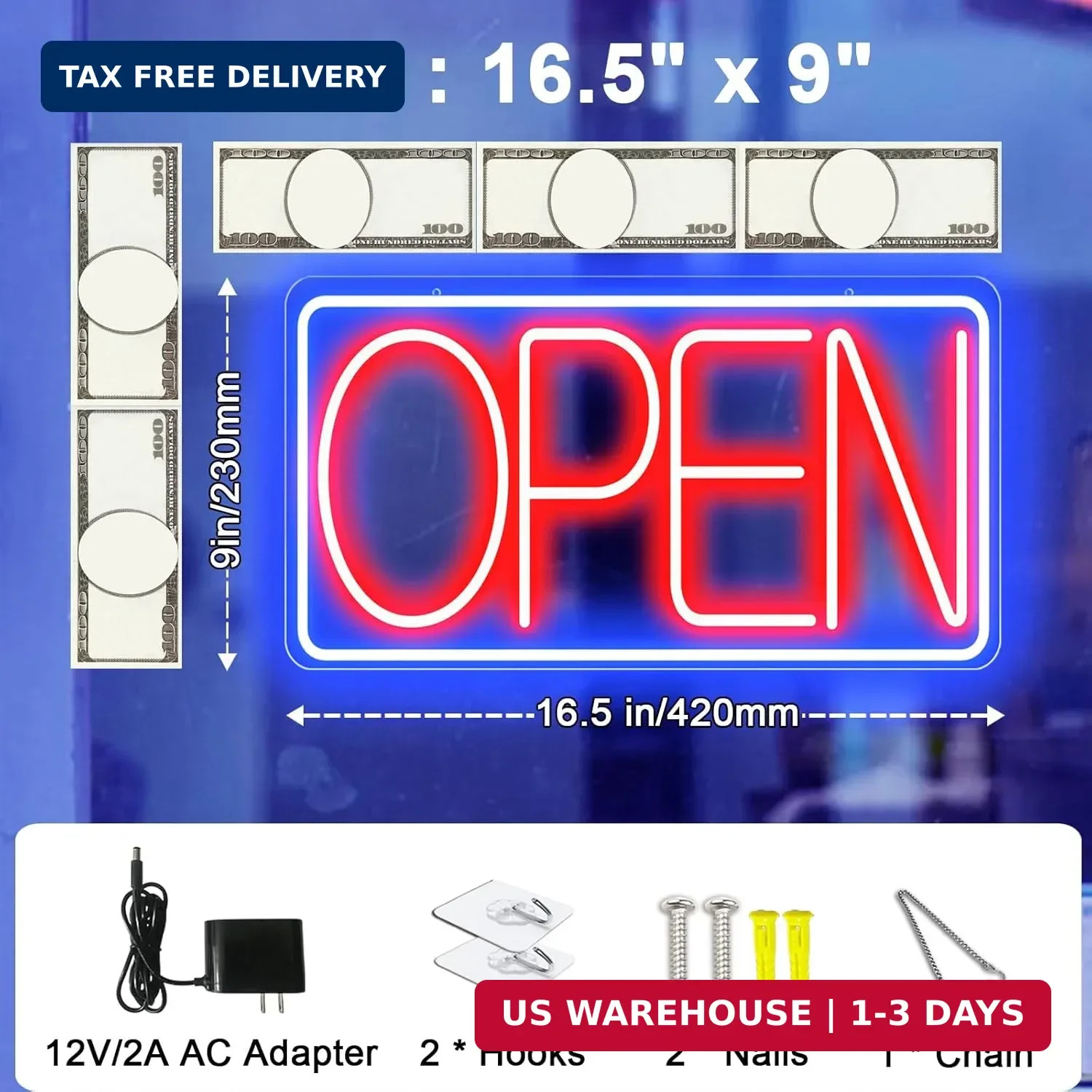 16.5&Prime; X 9&Prime; Led Neon Open Signs for Business – 12V/2A Ultra Bright Led Neon Sign