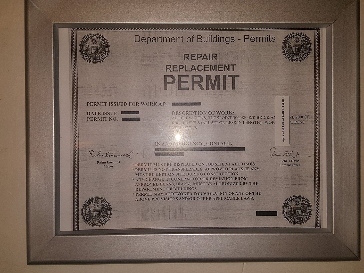 Permit frame city of Chicago 8.5 x 11 (Heavy Duty )-REF24-1027