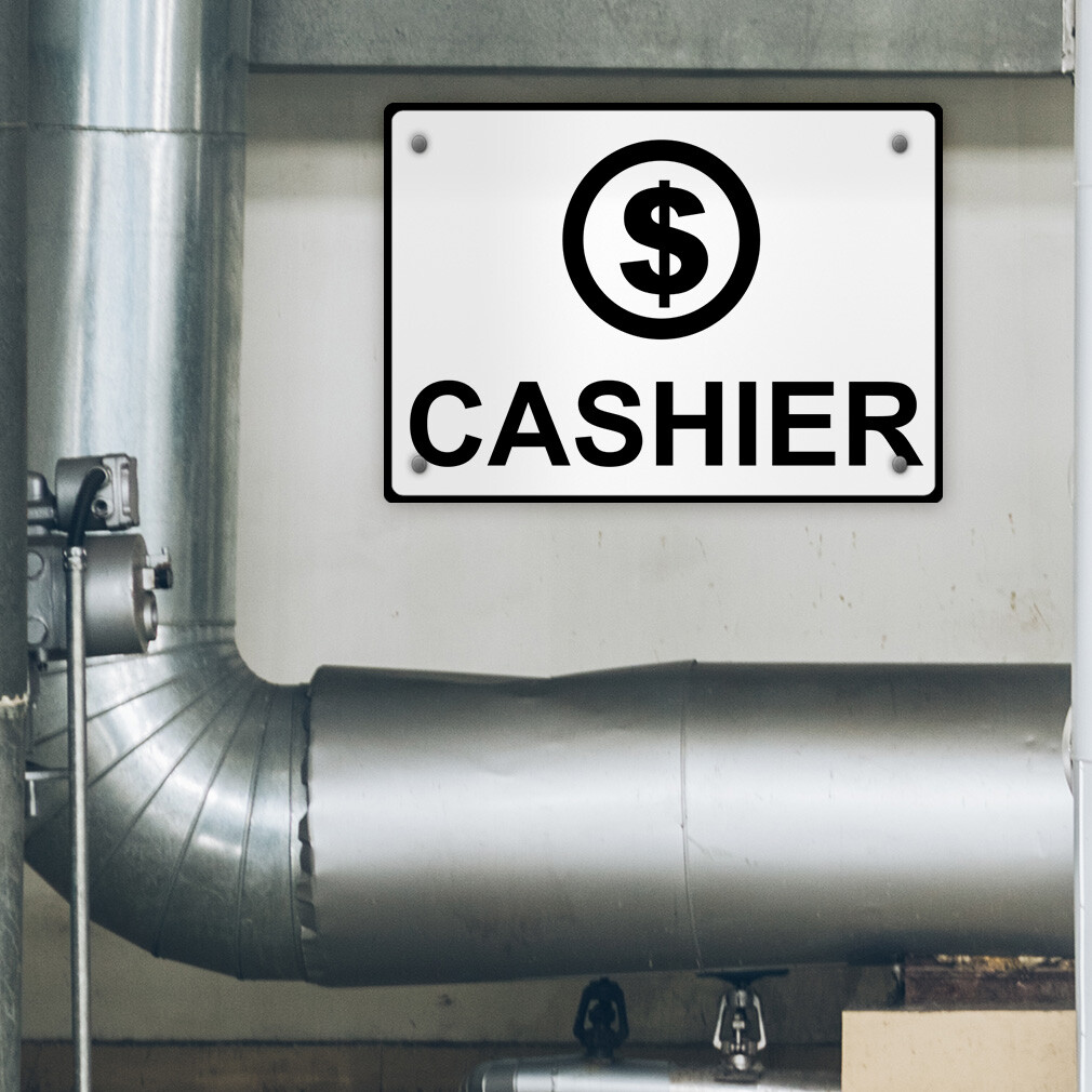 Aluminum Horizontal Metal Sign Cashier Black on White W Symbol Business