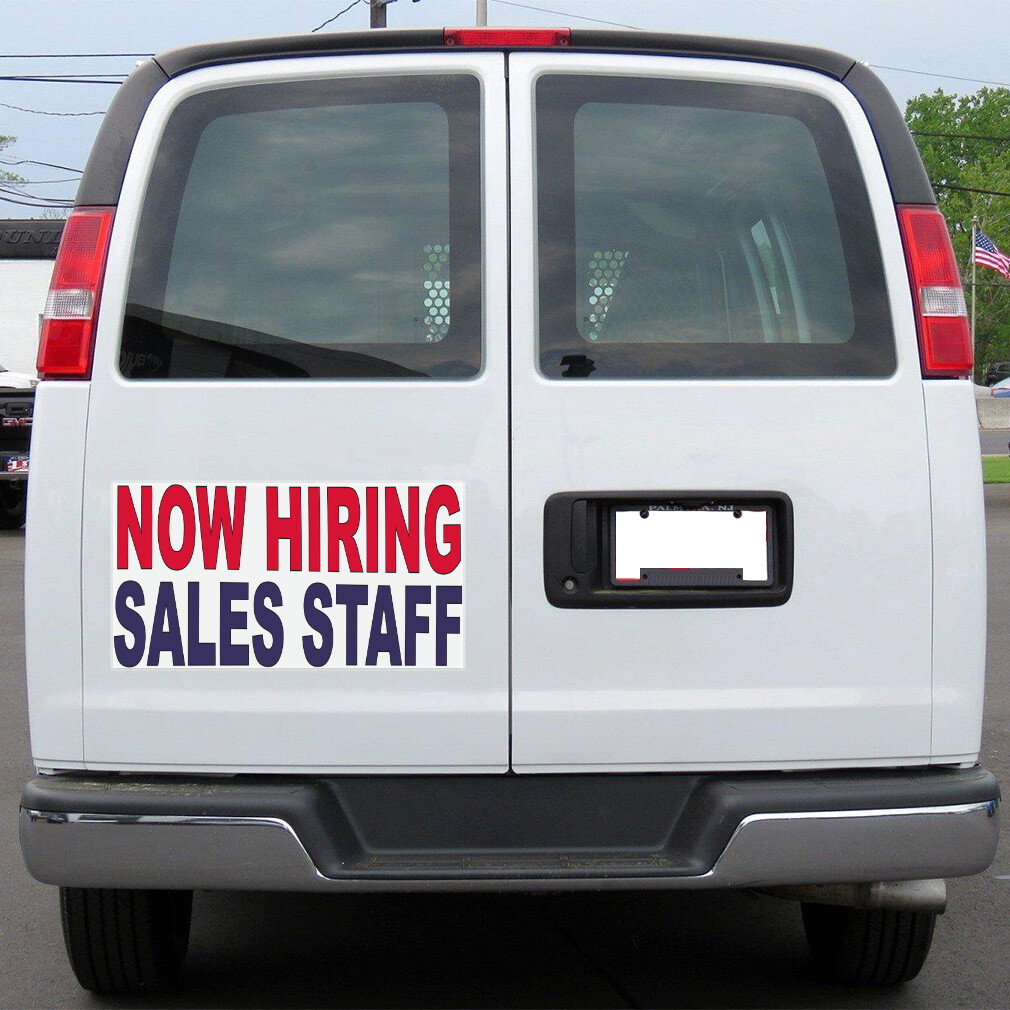 Car Magnet Set of 2 Now Hiring Sales Staff Red Blue Industrial Sign