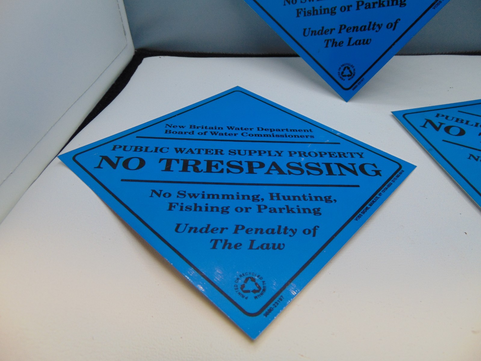 (3) Original New Britain Water Dept No Trespassing Diamond blue color signs 8&Prime;