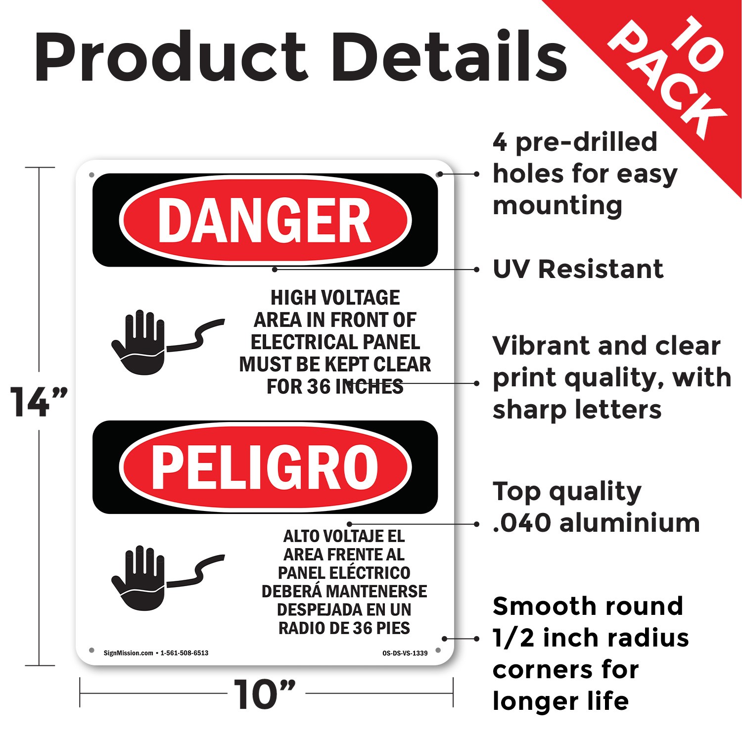 Voltage Electrical Panel 36 Inches Bilingual OSHA Danger Sign, Decal 5/10 Pack