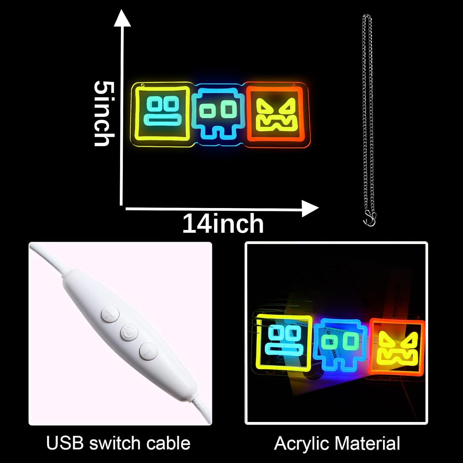 Colorful Arcade Geometry Cube Neon Sign | Smart Dimmer USB Powered No Strobing C