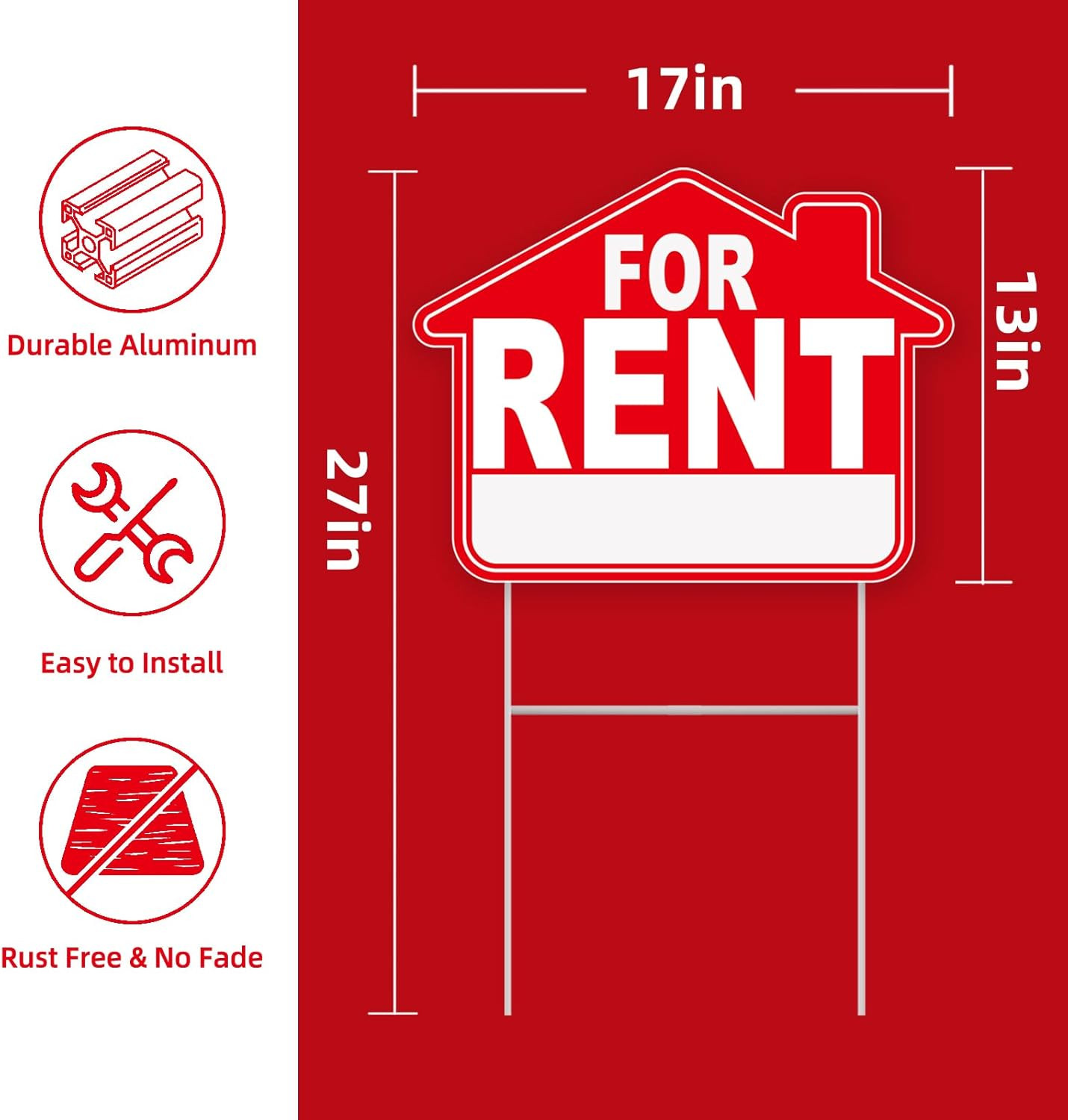 For Rent Sign with Stakes, 1-Pack 17&Prime;X13&Prime; Double-Sided Signs, Corrugated Plastic