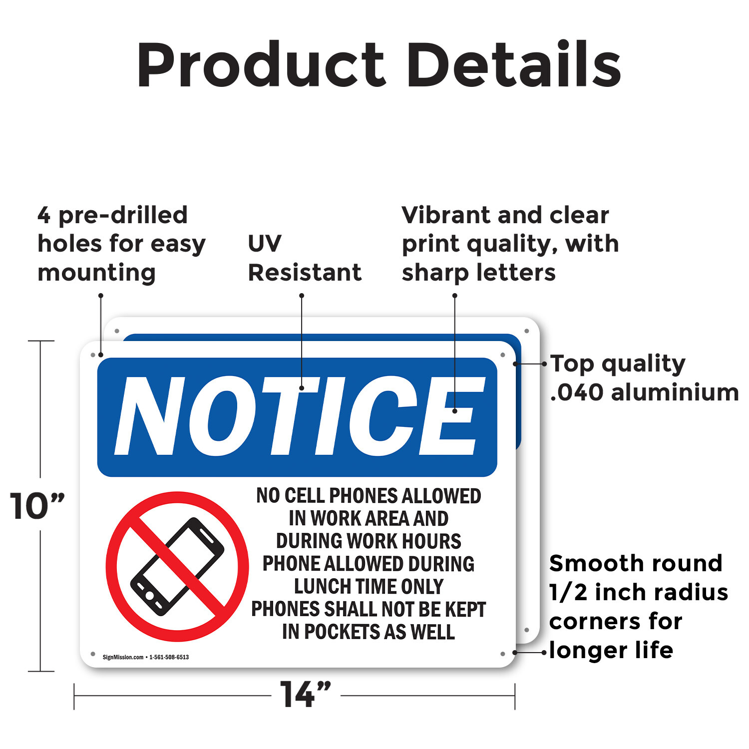 (2 Pack) No Cell Phones Allowed In Work OSHA Notice Sign Decal Metal Plastic
