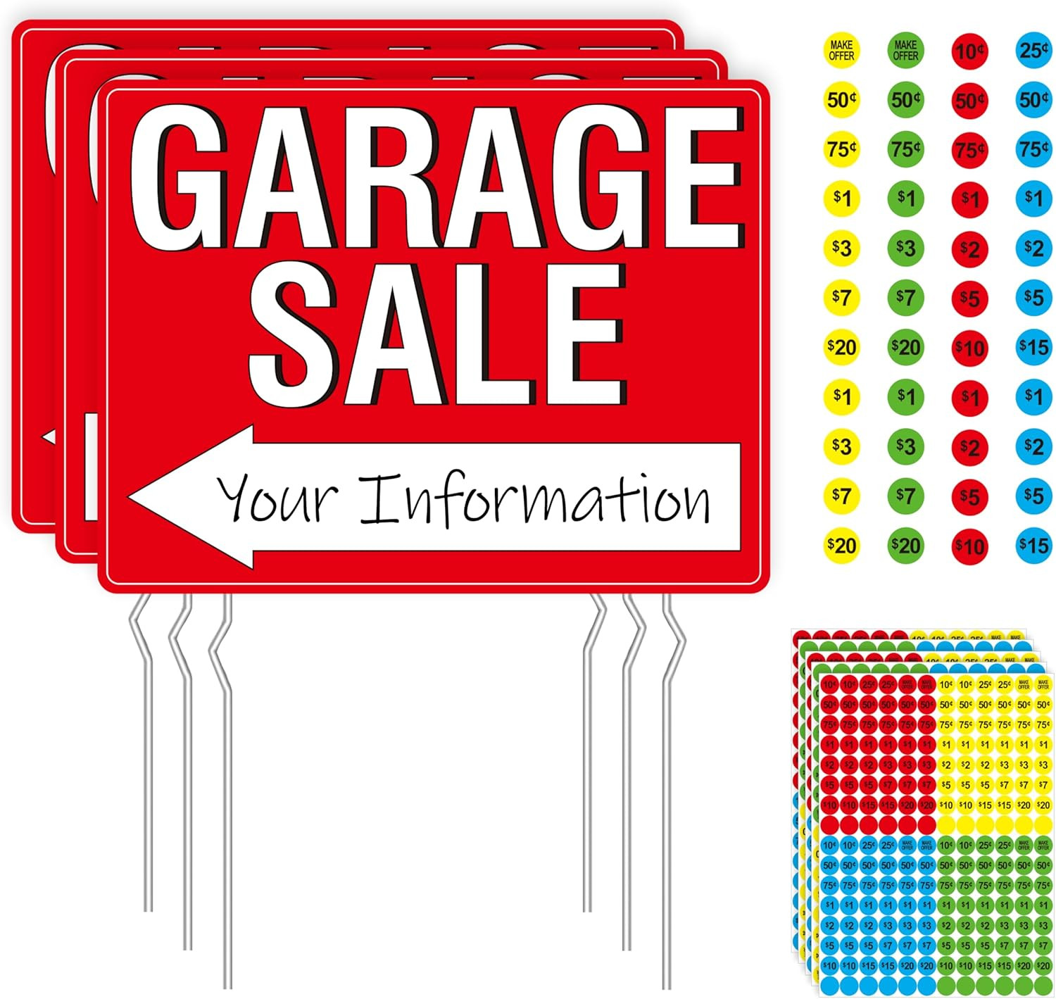 Garage Sale Sign, 3PCS Double Sided Yard Sale Signs with 6 Metal Stakes & 960 Sa
