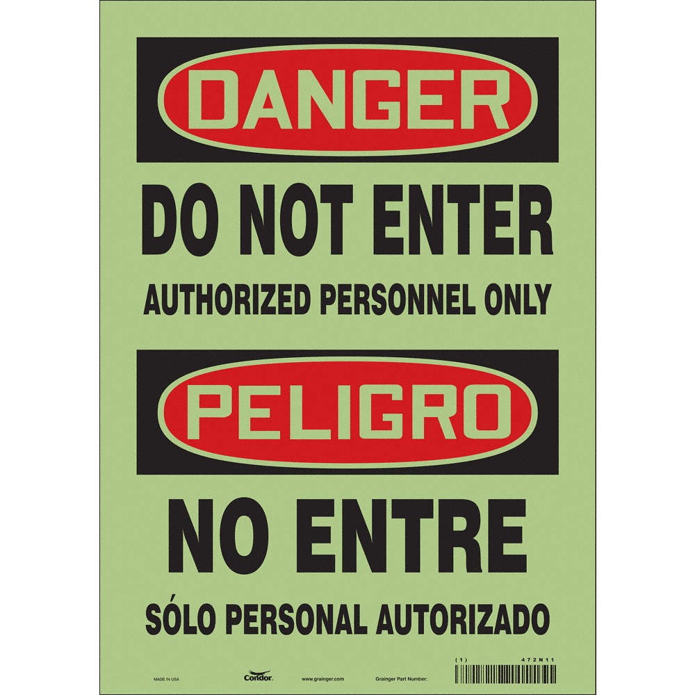 CONDOR 472N11 Safety Sign,14 inx10 in,Glow Vinyl 472N11