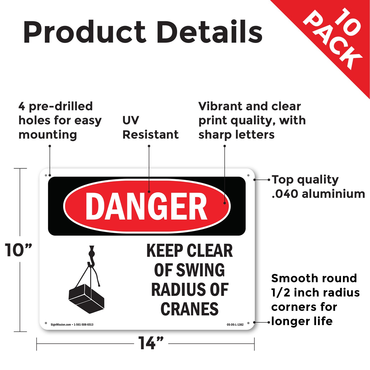 Keep Clear Of Swing Radius Of Cranes OSHA Danger Sign Or Decal – 5 or 10 Pack