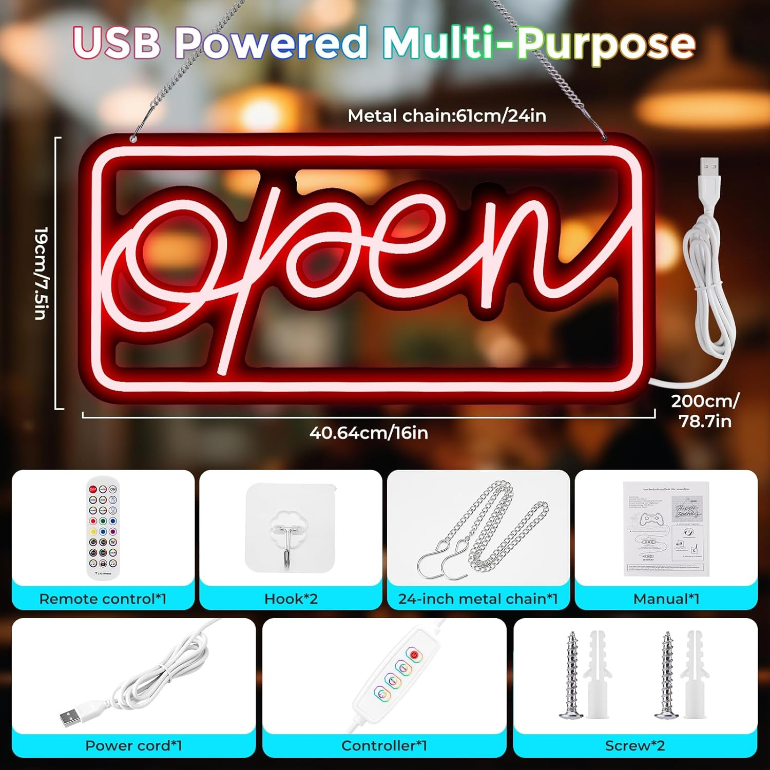 Bright LED Open Sign with Remote Control for Shops, Bars, and Cafes
