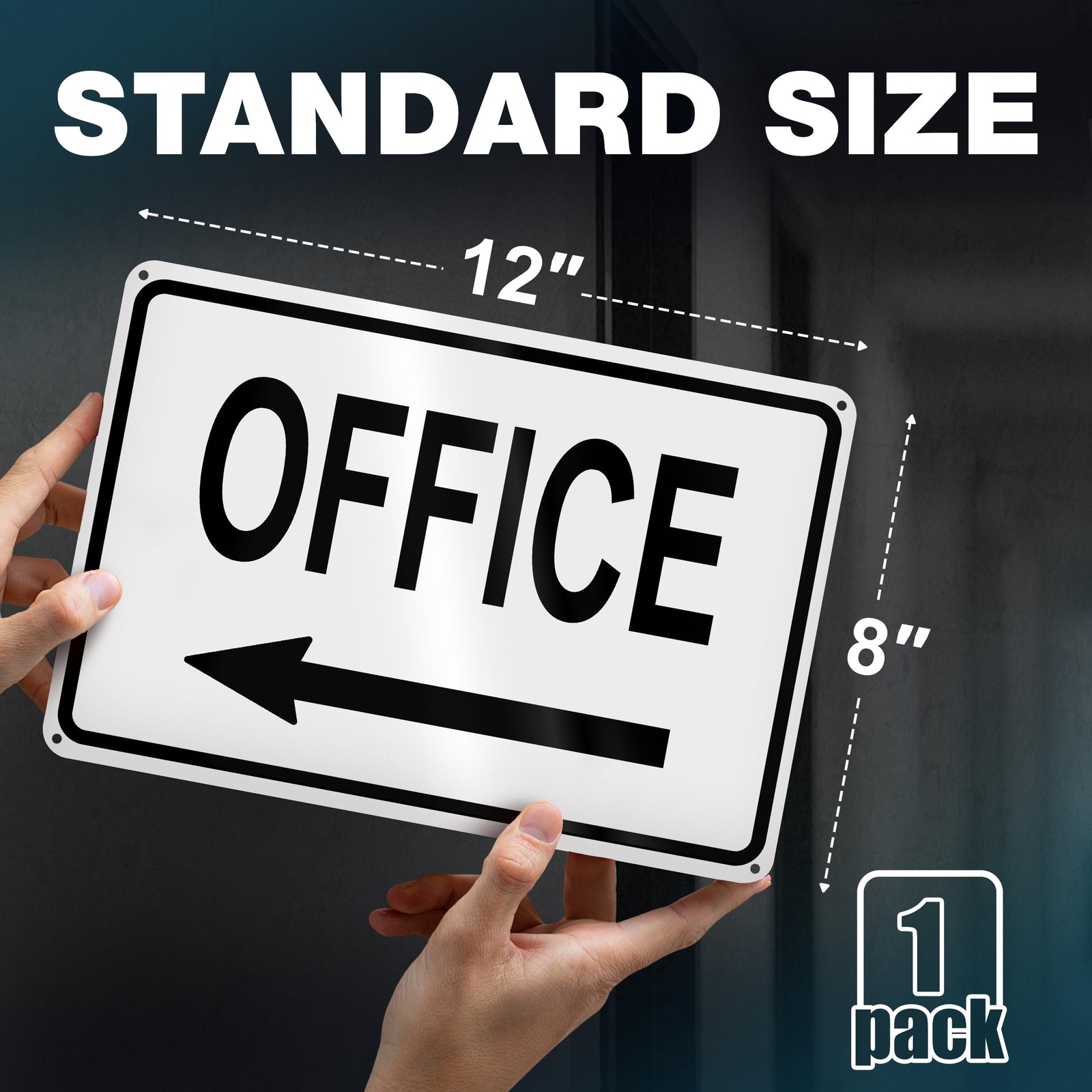 Office Sign with Left Arrow, 8×12 Reflective Aluminum, Pre-Drilled