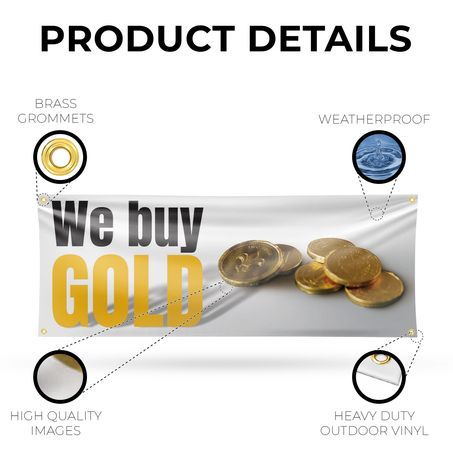 We Buy Gold 13 oz Vinyl Banner Sign with Metal Grommets Heavy-Duty Single-Sided