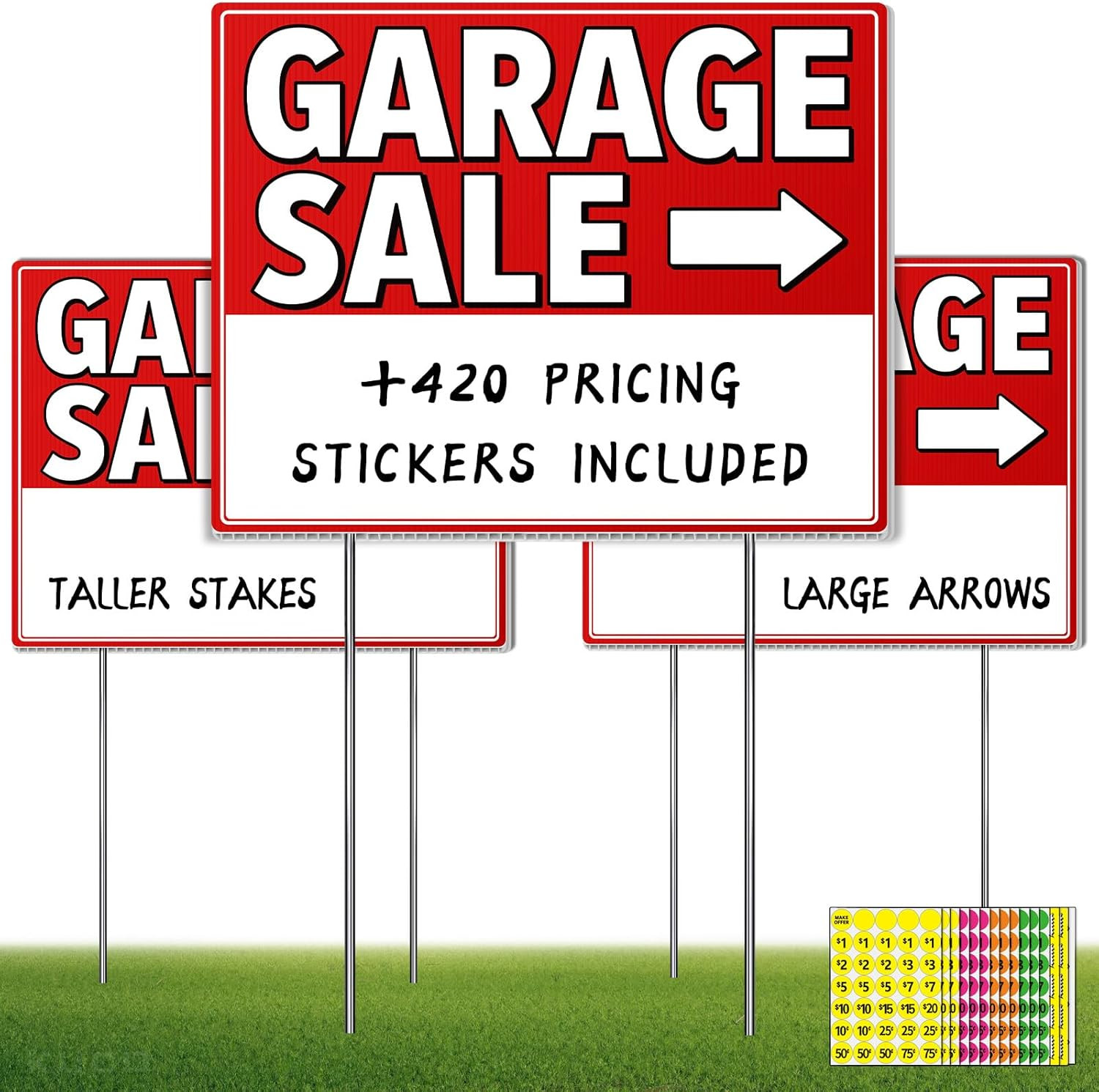 Garage Sale Signs with Stakes (3 Pack Kit) – Double Sided Yard Sale Signs with H