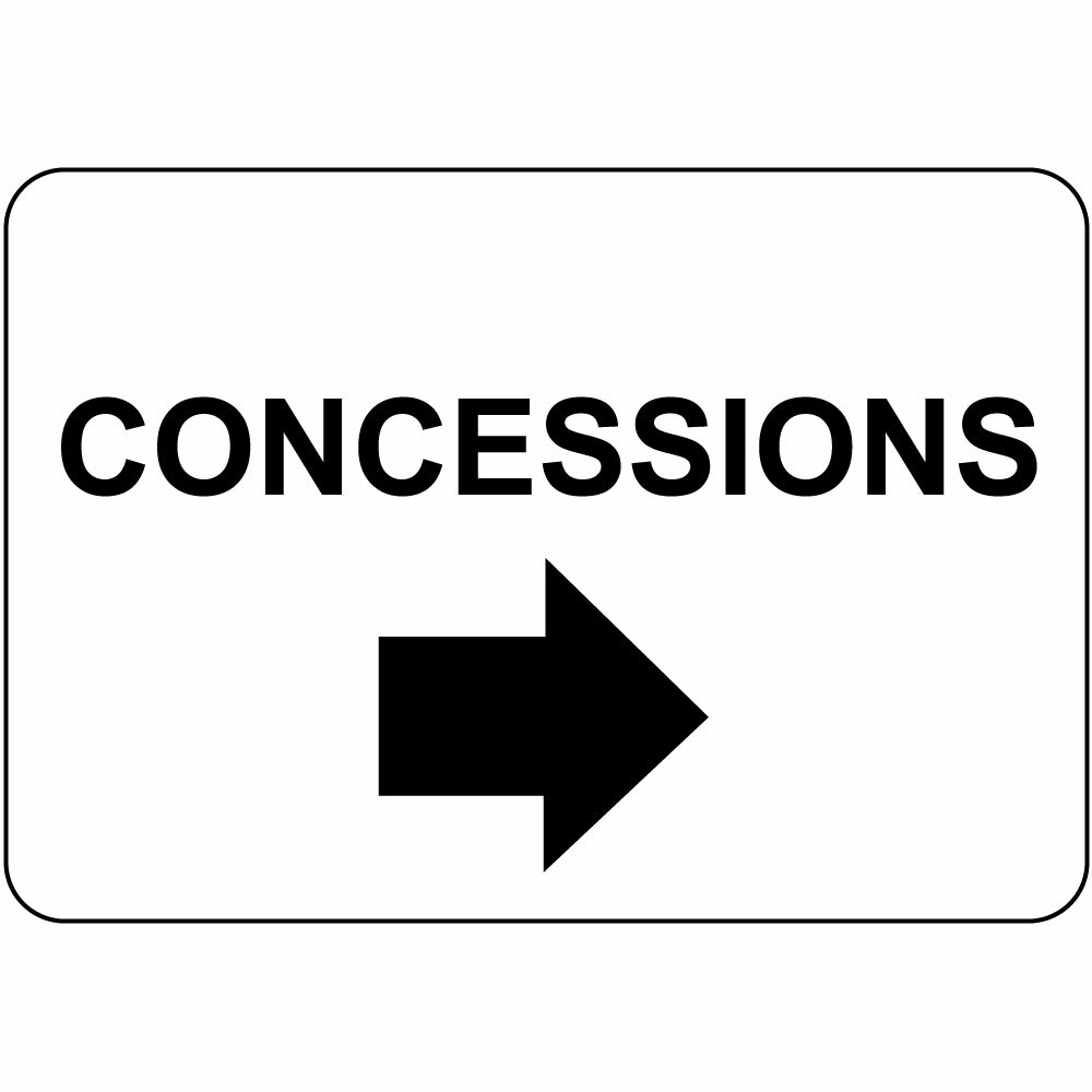 Horizontal Metal Sign Multiple Sizes Concessions Black on White W Right Arrow