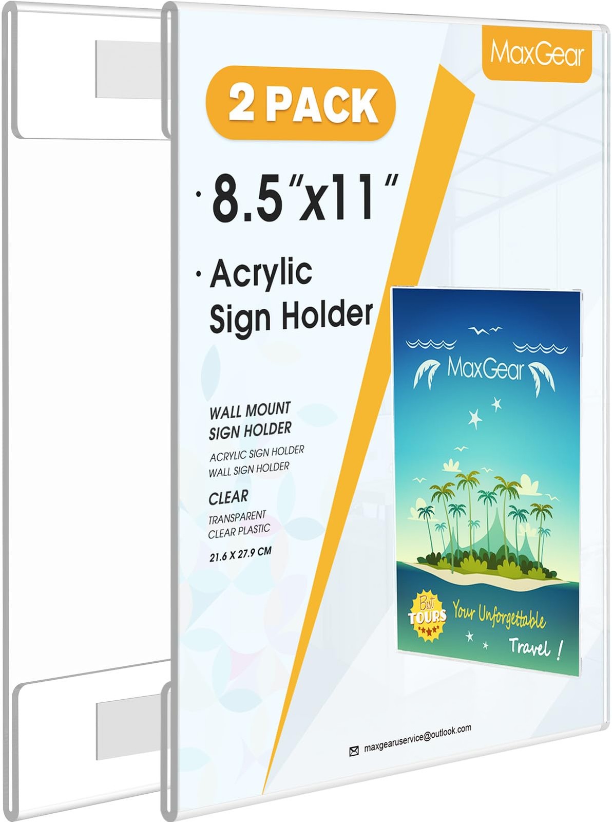MaxGear Acrylic Sign Holder 8.5 x 11 Wall Mount Clear 8.5&Prime;x11&Prime;-2Pack, clear