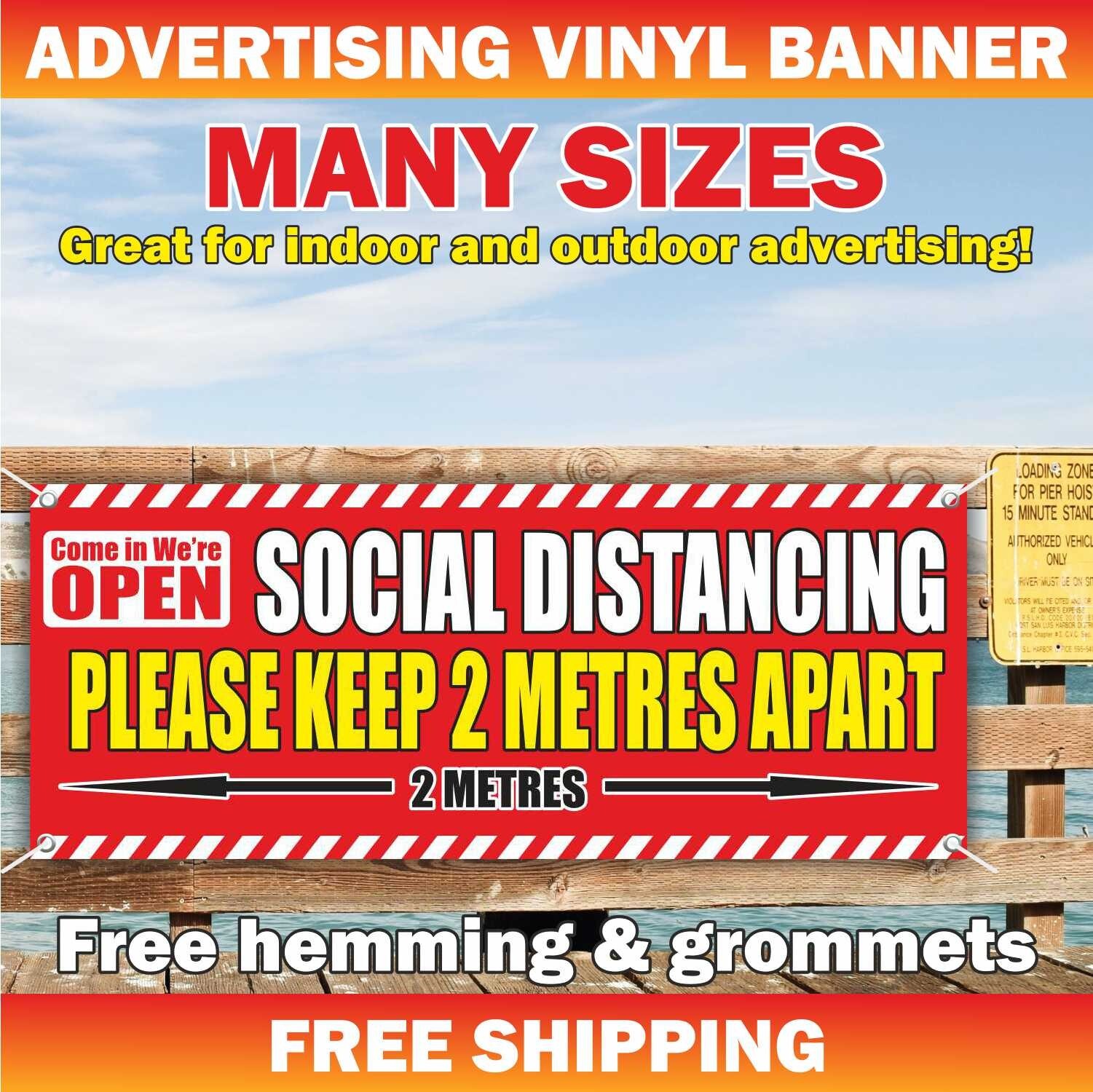 NOW OPEN SOCIAL DISTANCING PLEASE KEEP 2 METRES Advertising Banner Vinyl Sign