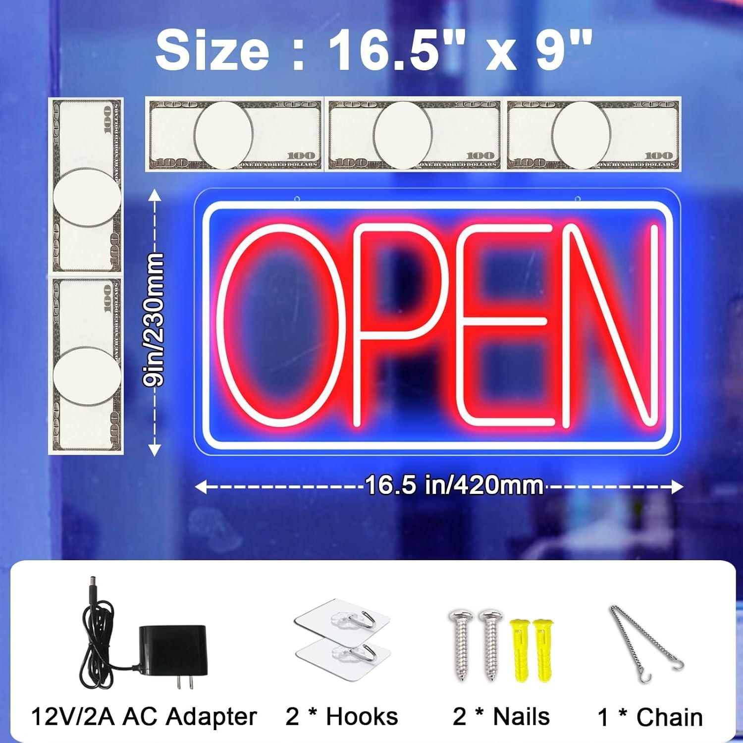 16.5&Prime; X 9&Prime; Led Neon Open Signs for Business – 12V/2A Ultra Bright Led Neon Sign