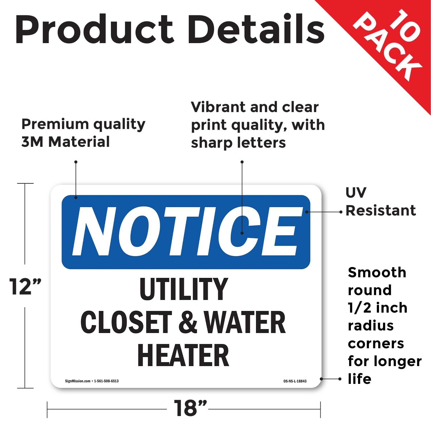 Utility Closet And Water Heater OSHA Notice Vinyl Decal Label 18 Inch x 12 In…