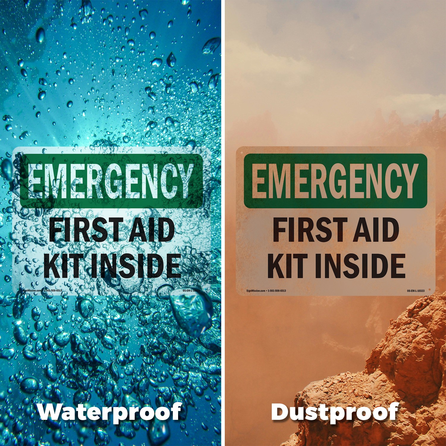 First Aid Kit Inside OSHA Emergency Sign Metal, Plastic, Or Decal – 5 or 10 Pack
