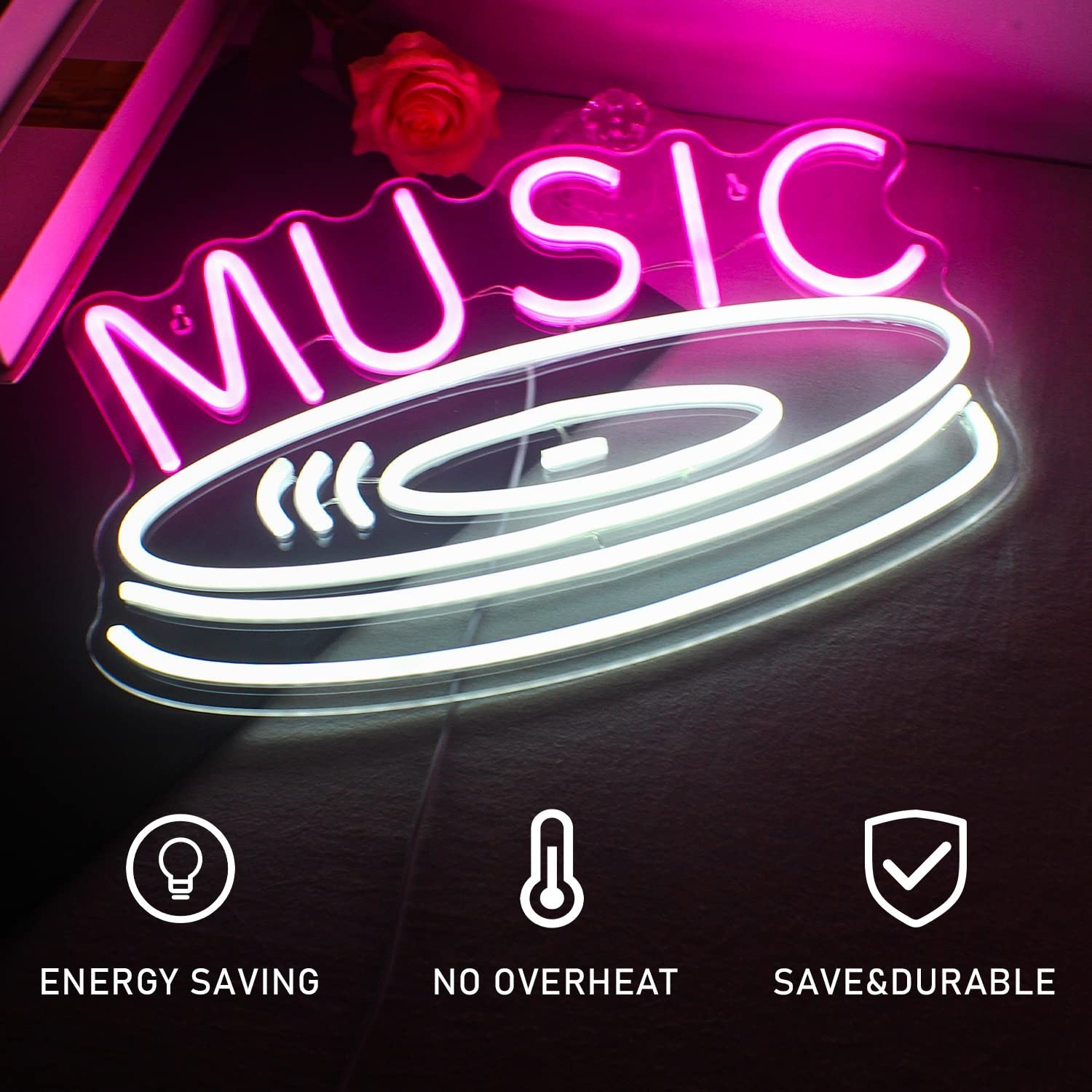 Music Record Neon Sign Pink White Led Neon Light Signs for Wall Decor Usb Lig…