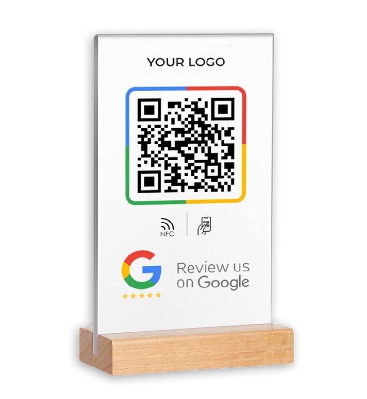 6×8 Inches Size Dual NFC Enabled & QR Code Acrylic Stand with Wooden Base