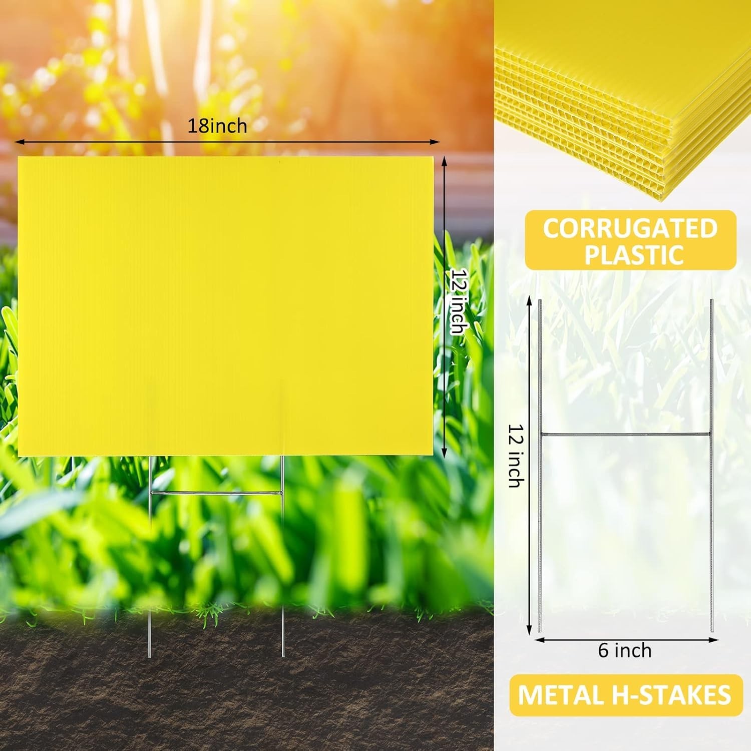 24 Blank Yard Signs with H Stakes – 12×18&Prime; Waterproof Custom Plastic – Yellow