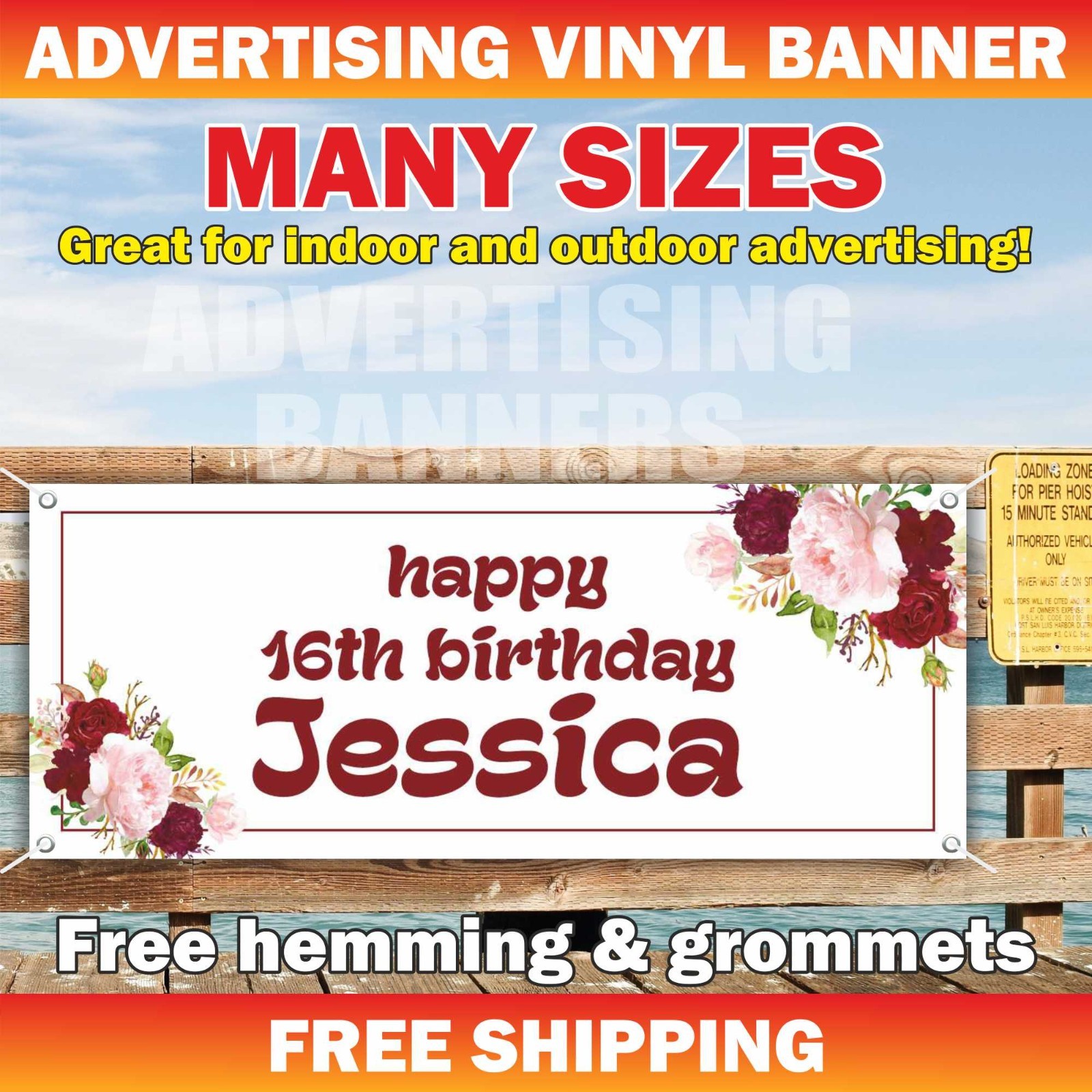 Happy 16th Birthday Advertising Banner Vinyl Sign Custom Name Text Event Holiday