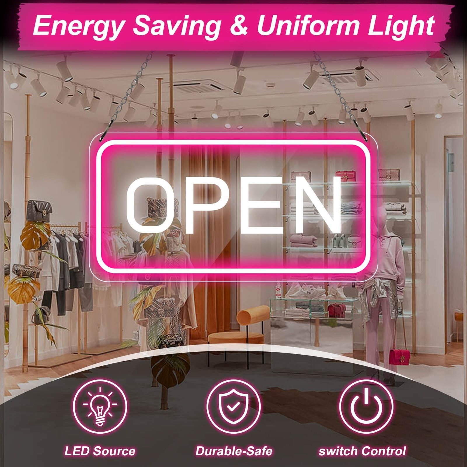 Neon Open Sign – 16 »x 9 » LED Sign, Super Bright Pink & White Neon Light, ON…
