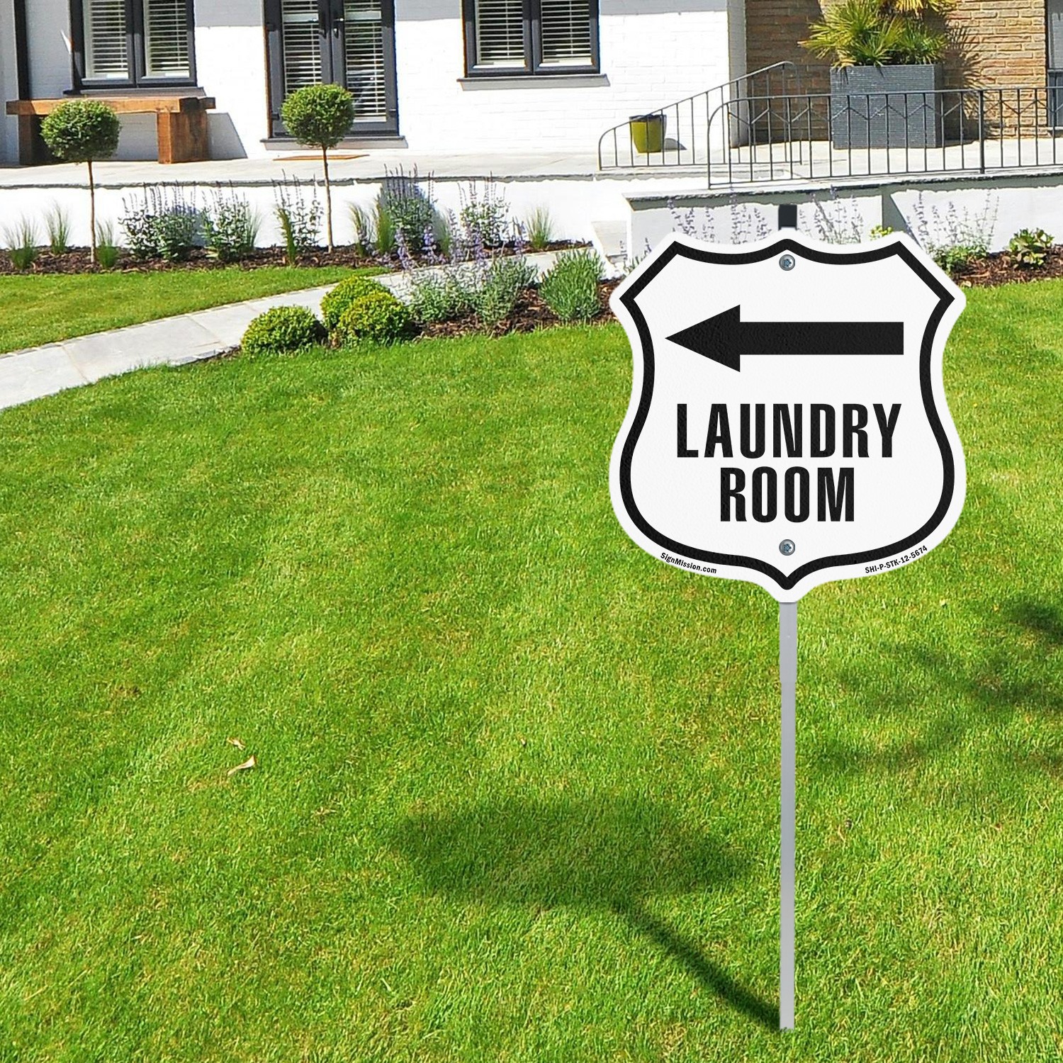Laundry Room Left Shield Shaped Sign With Stake Crafted in the USA
