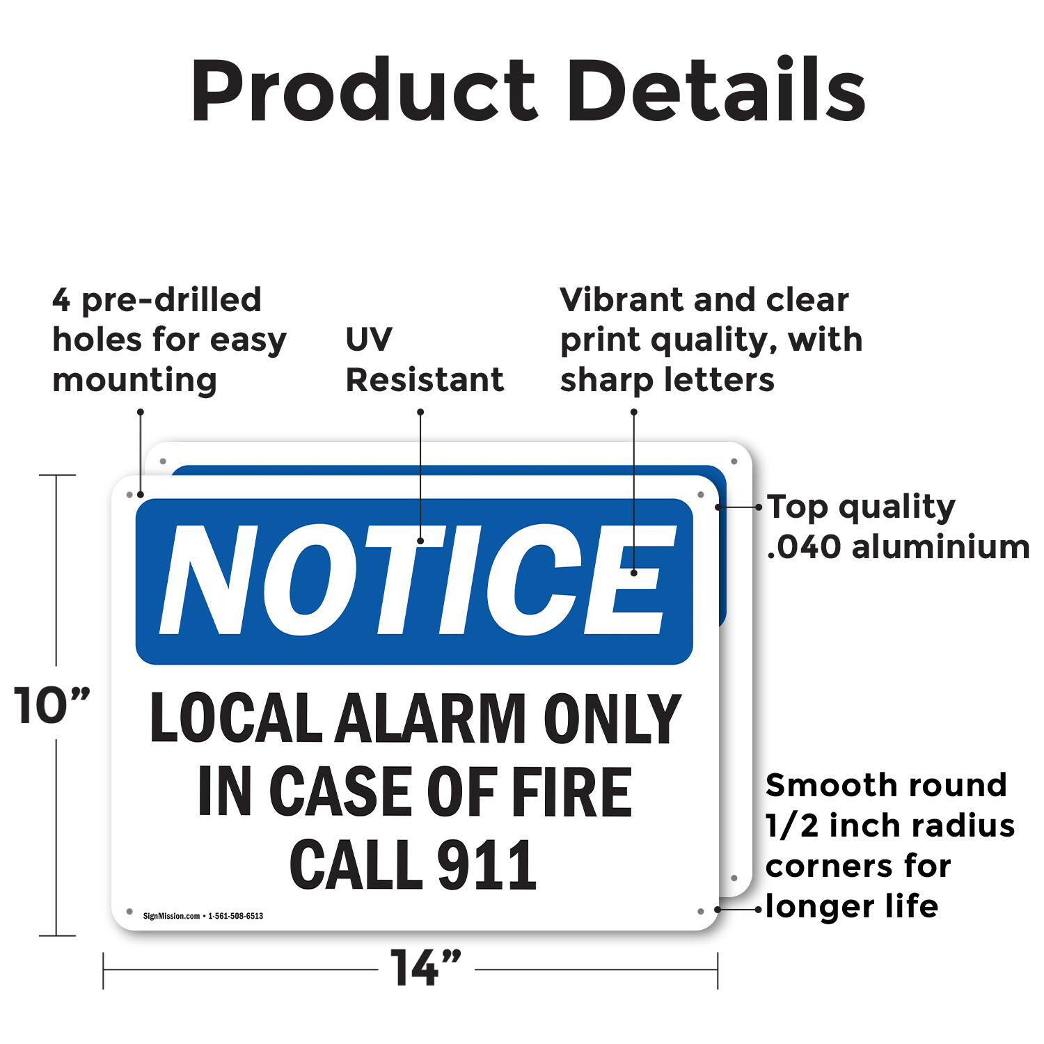 (2 Pack) Local Alarm Only In Case Of Fire Call 911 OSHA Notice Sign Decal Metal