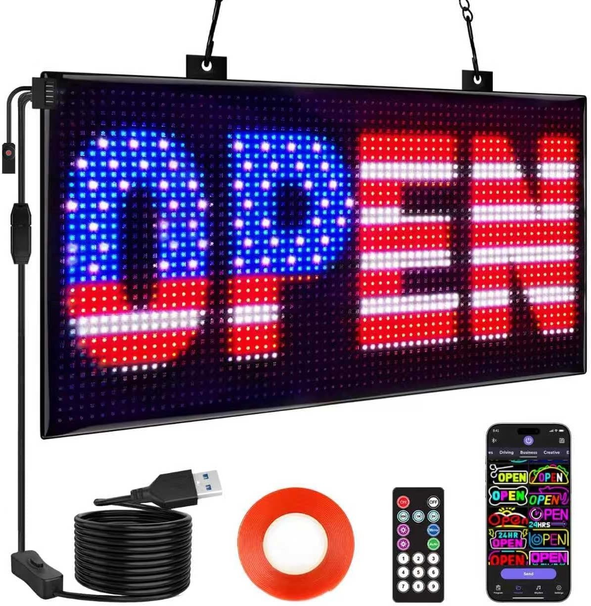 Huge 20&Prime;x12&Prime; LED Open Sign – Multicolor Programmable Scrolling Display w/ Remote