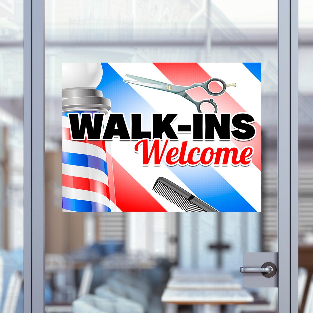 Walk-Ins Welcome – Barber (32&Prime; x 24&Prime;) Perforated Removable Window Decal