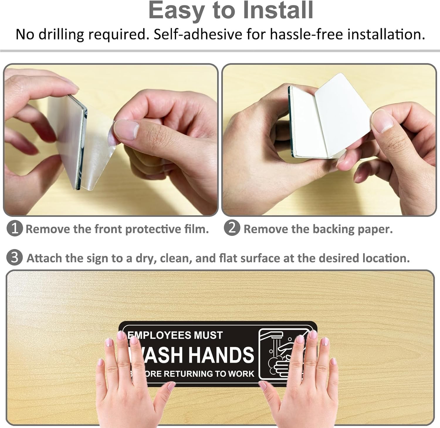 4 Pack Self-adhesive , 9&Prime; x 3&Prime; Durable Acrylic Hand Washing Signs with Symbo…