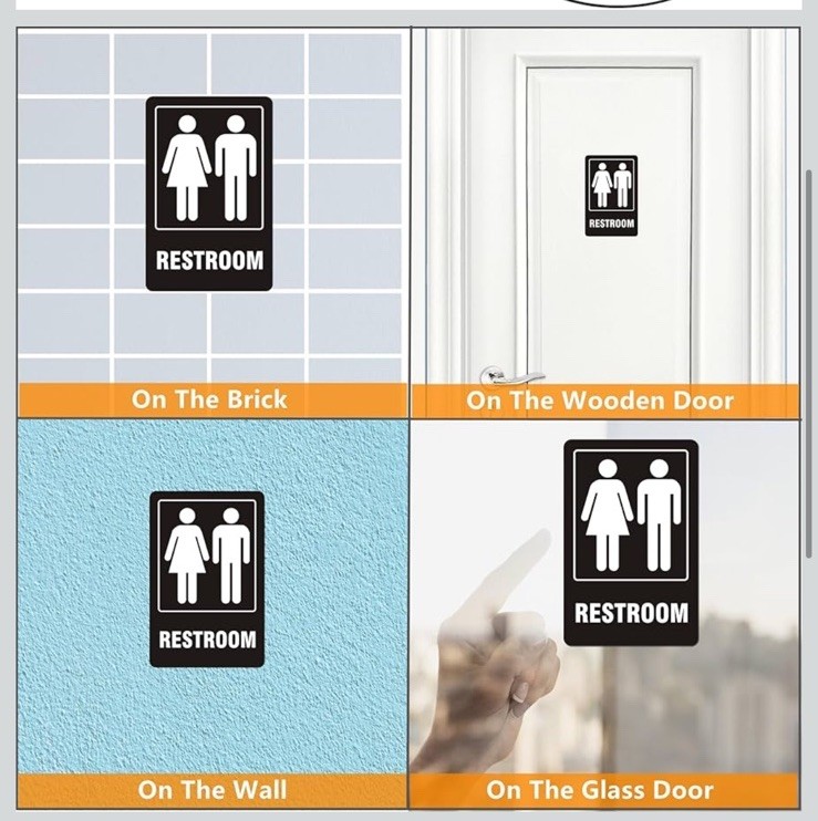 Restroom Signs Self-adhesive For Business, Home, For Door, Wall, Rust Free 2pack