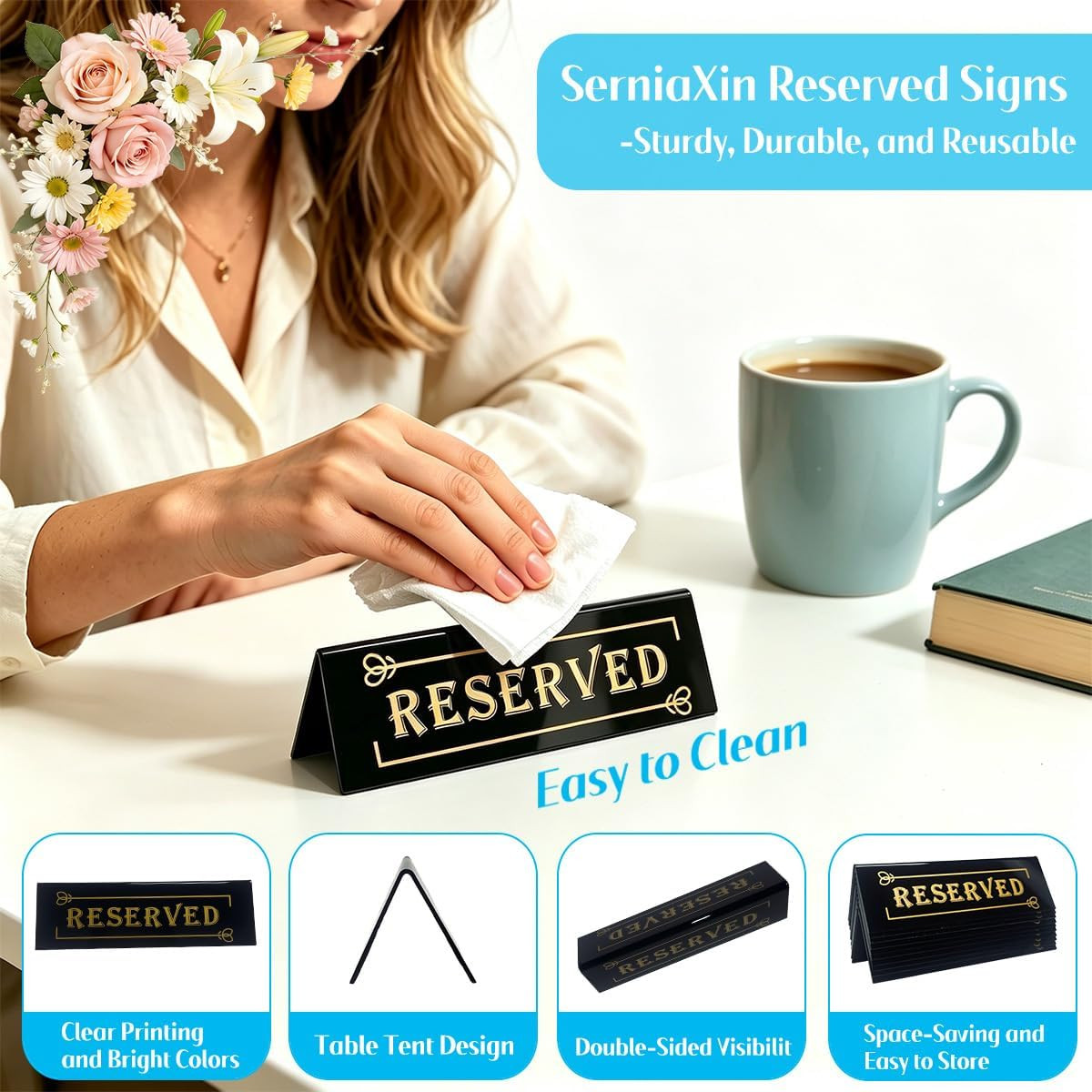 10PCS Acrylic Reserved Table Signs – 6X2X1.6 in Table Tent – Double-Sided, Water