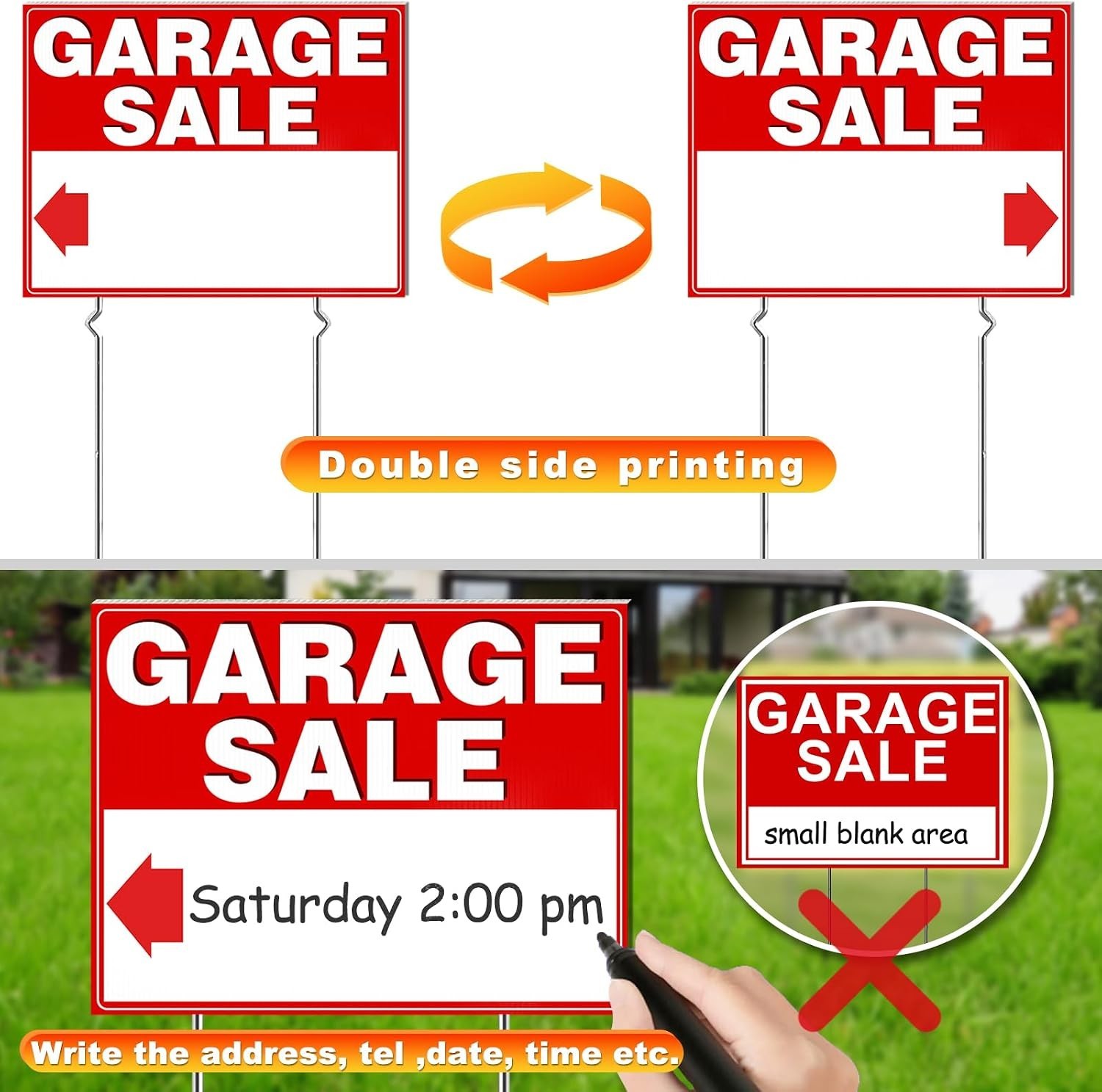 Garage Sale Signs 3 Pack 17×13 Inch Double Sided Corrugated Plastic Yard Sign…