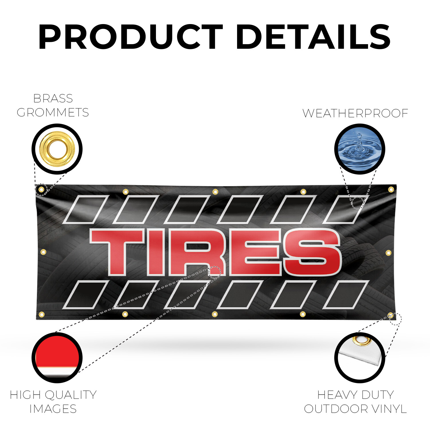 Tires 13 oz Vinyl Banner Sign with Metal Grommets Heavy-Duty Single-Sided