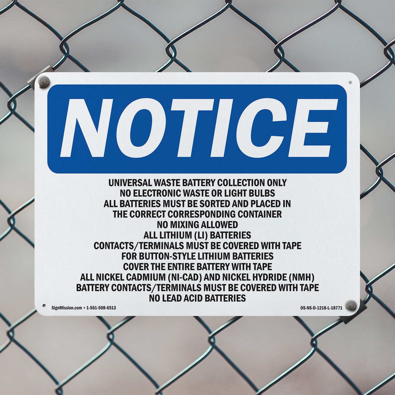Universal Waste Battery Collection Only OSHA Notice Sign Or Decal – 5 or 10 Pack