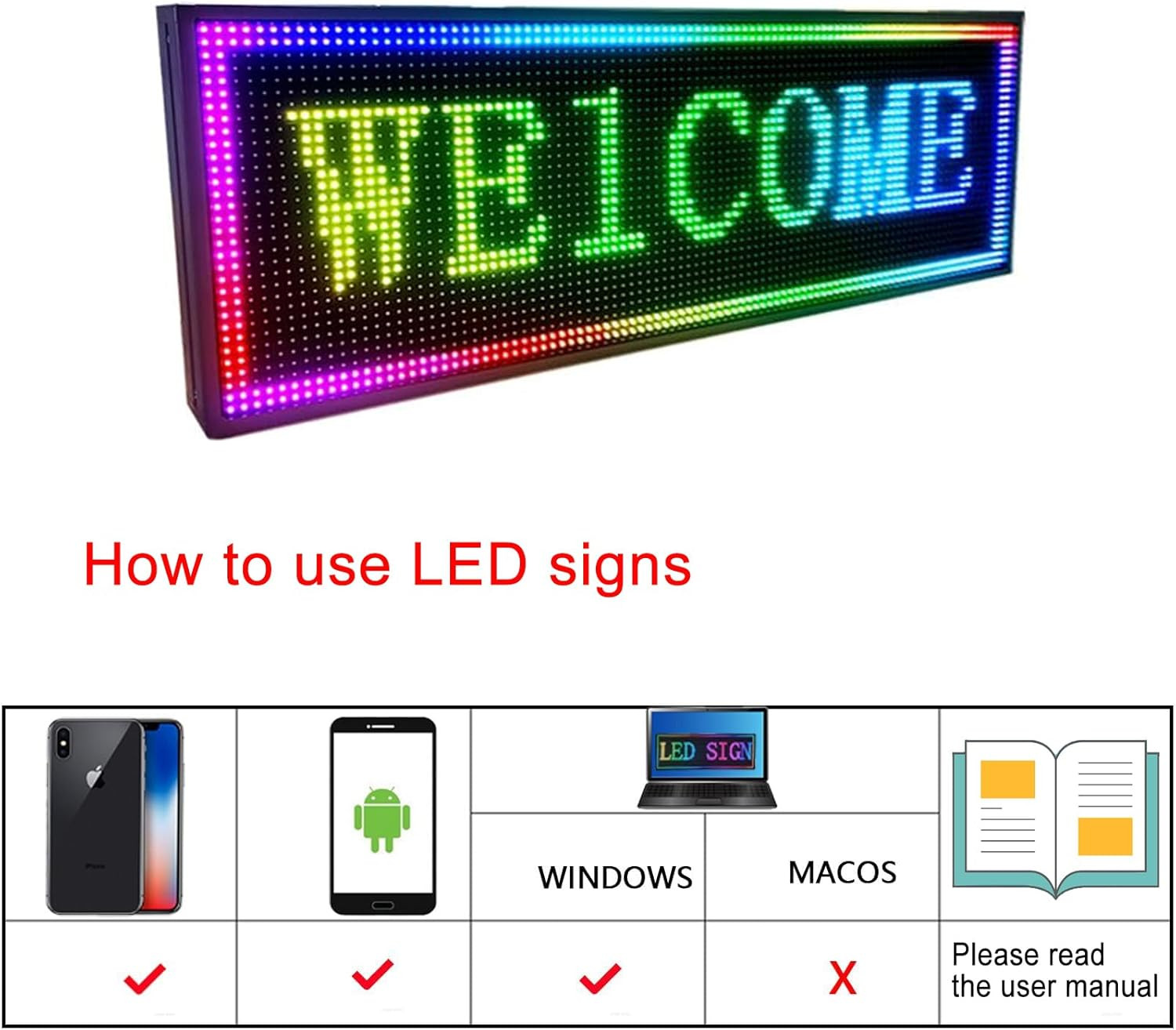 P10 WiFi Controlled LED Sign, 39×14 Inch Full Color Scrolling Display for Ads