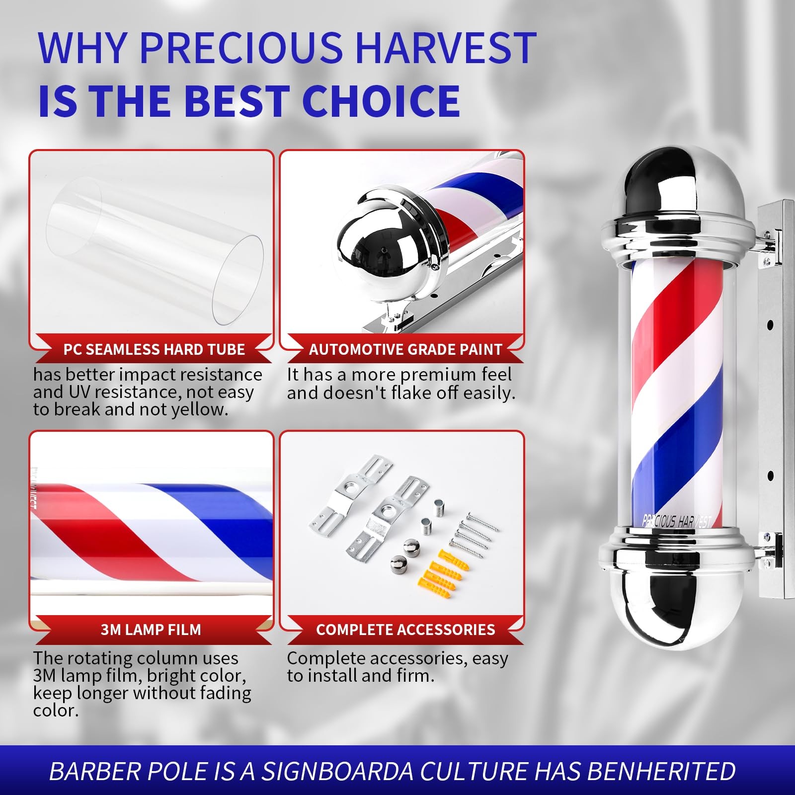 Precious Harvest 20 Inch Barber Pole – Red Blue White (Silver)